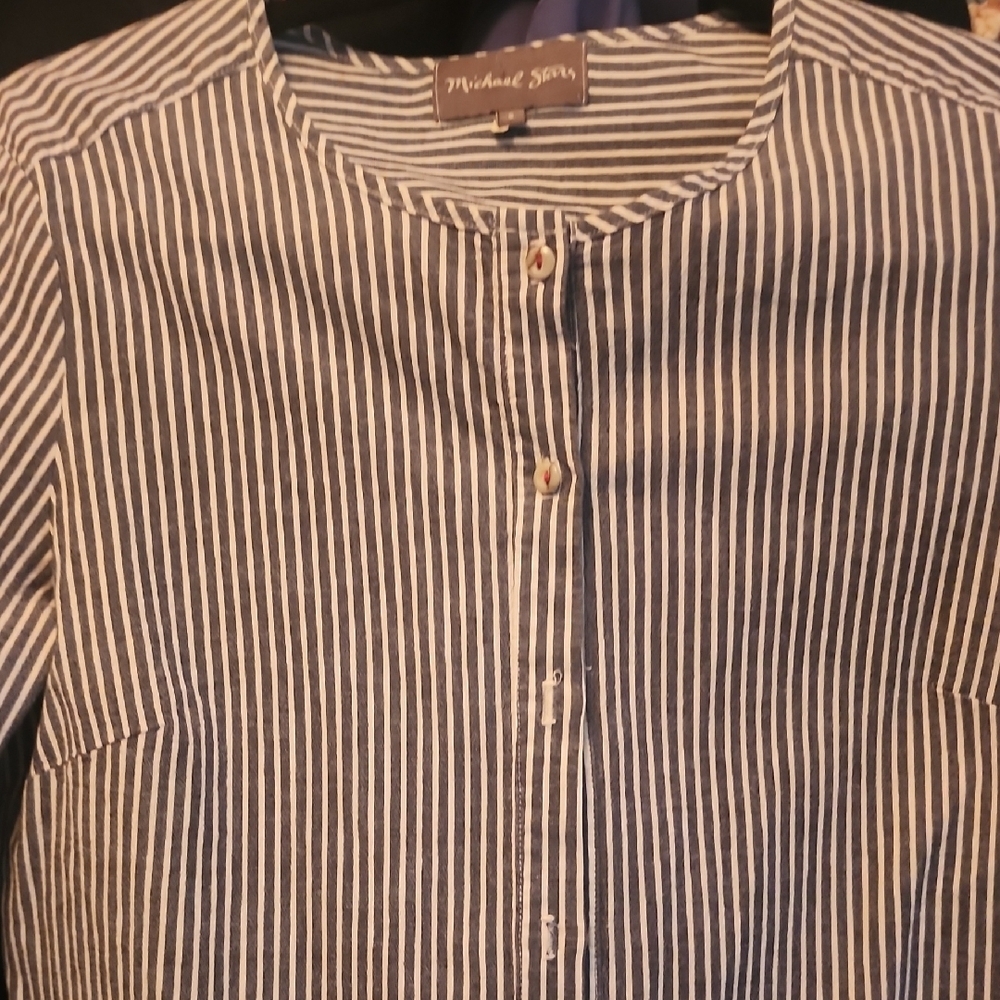 Michael Stars Navy & White Vertical Stripe Button-Up Top